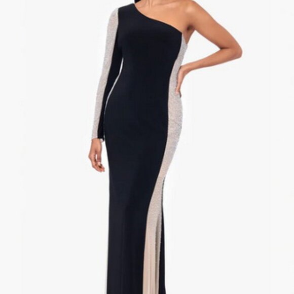 Xscape Black Nude Bead Detail Long Sleeve One Shoulder Gown - Picture 5 of 6